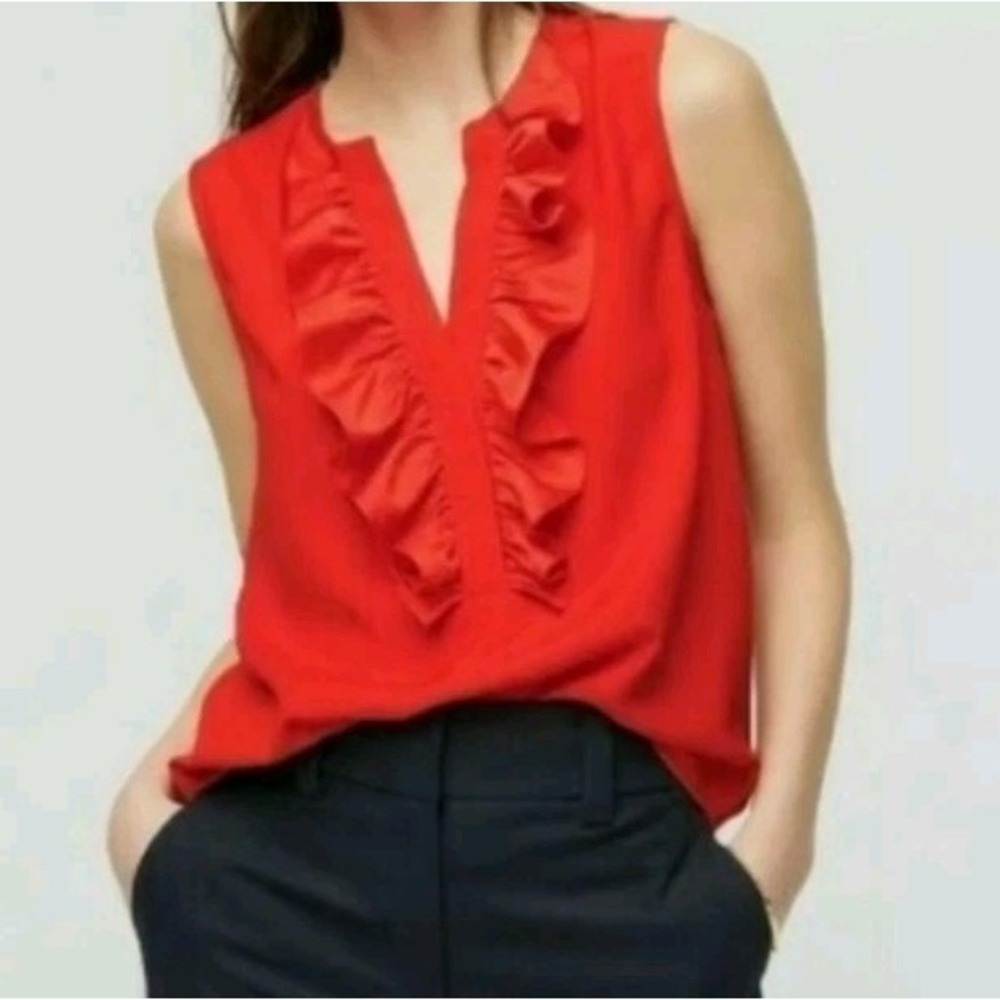 J.Crew Red Ruffle-Front Satin Crepe Blouse Sz S‎ Elevated Workwear Siren Office